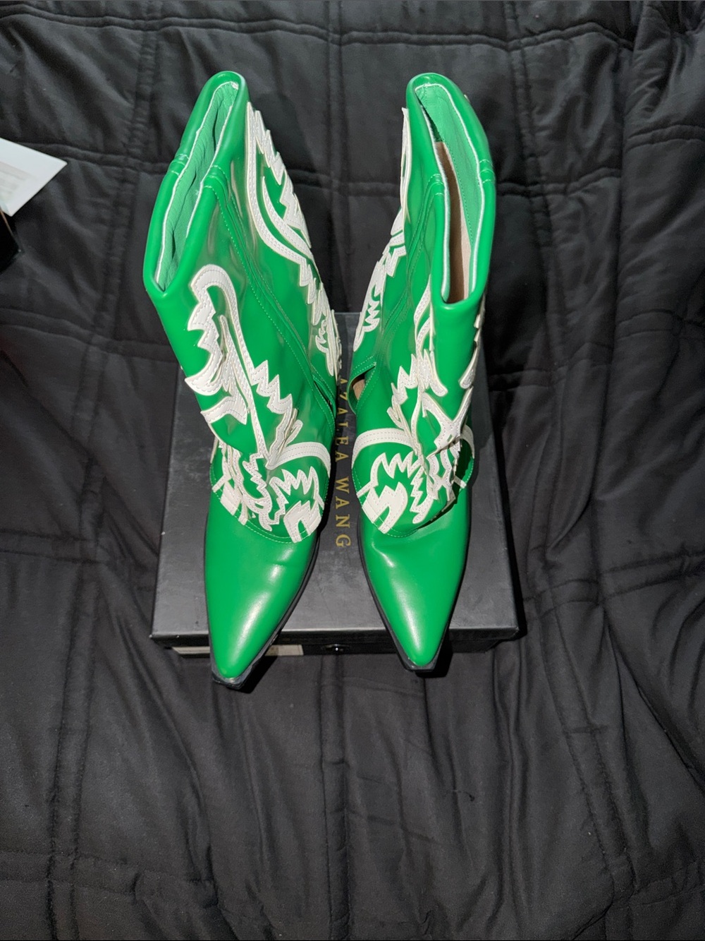 Azalea Wang Bright Green Pointed-Toe Western Booties with White Embroidery